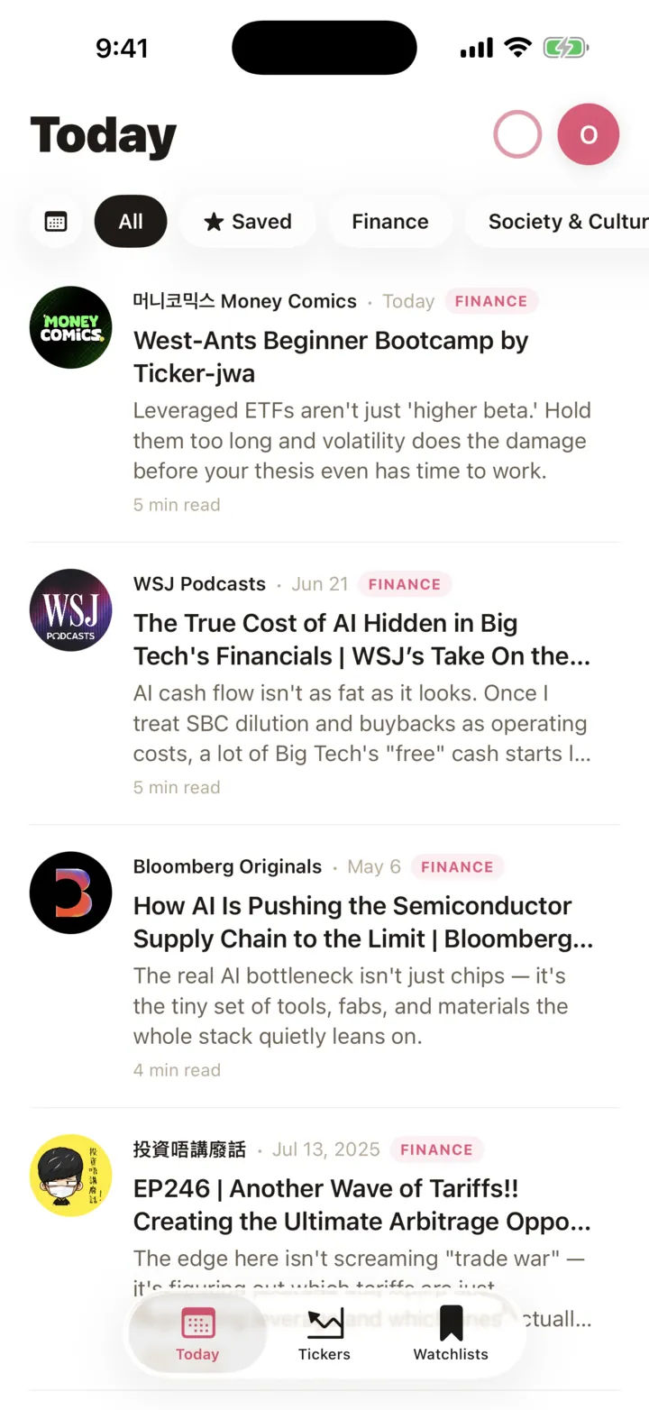 Podket Today feed on iPhone